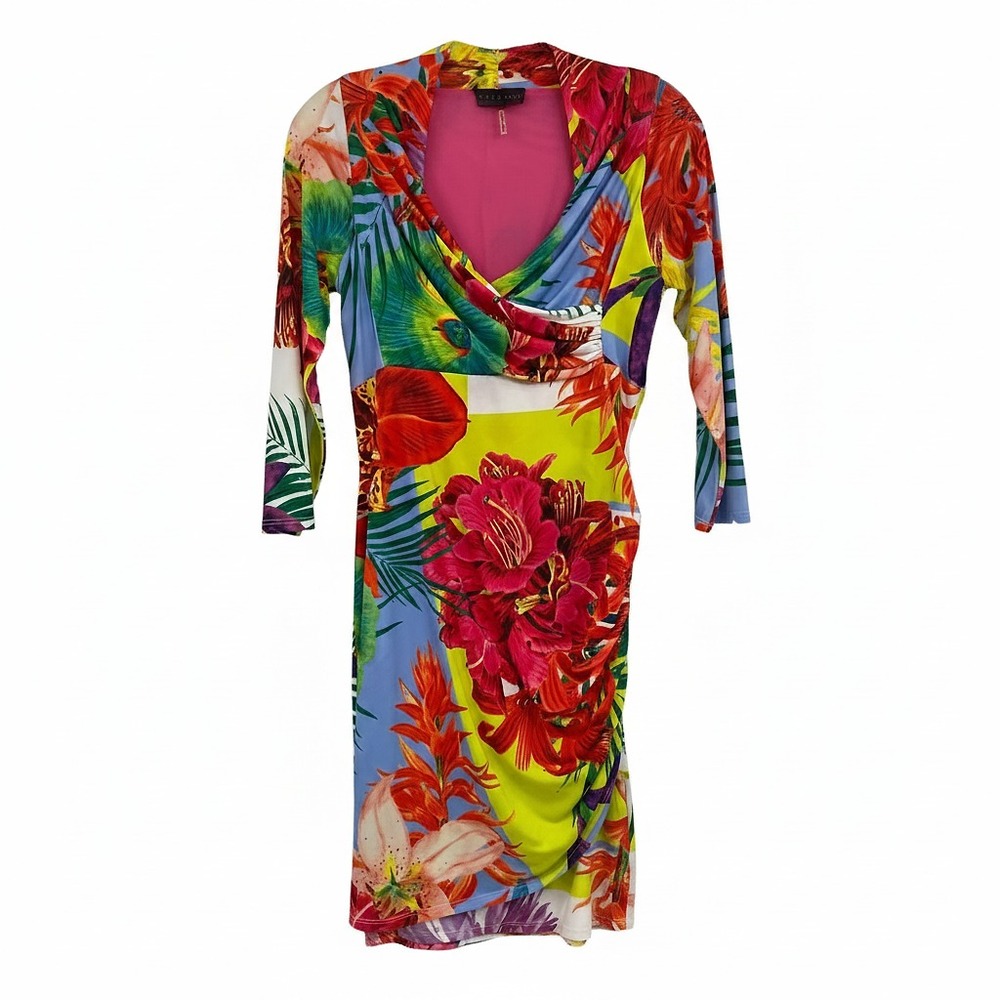 Hale Bob Red Green Multicolor Tropical Print Long Sleeve Mini Dress | Women’s S
